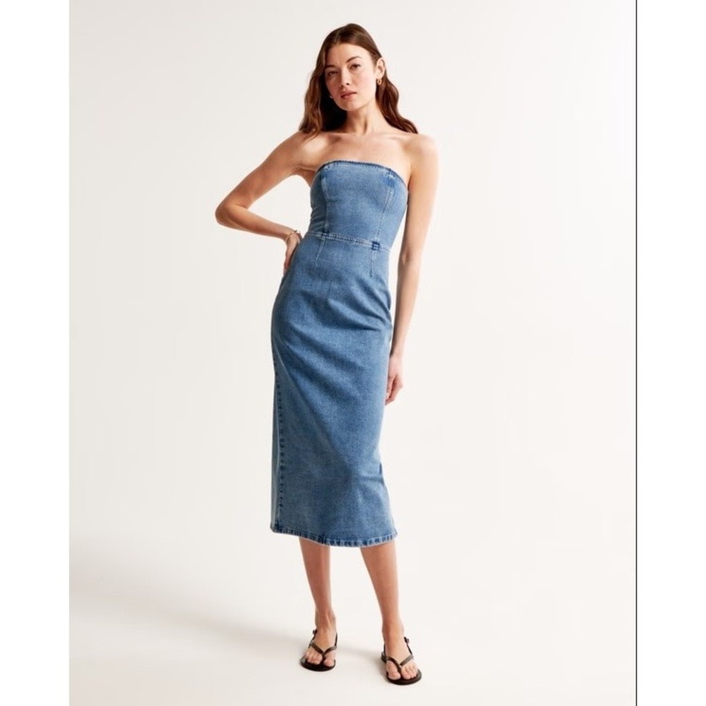 Abercrombie & Fitch Strapless Denim Midi Dress Large Stretch Bodycon Corset NWT - Picture 1 of 13